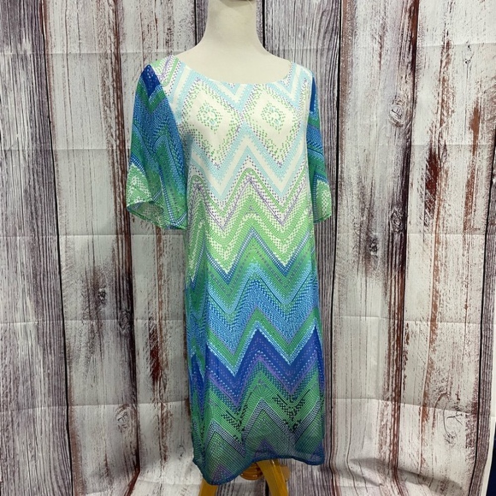 Rachel Kate Shift Dress Blue & Green Crochet Back Short Sleeve Mini Size M #4027